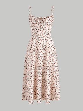 NWT SHEIN MOD Cream Spaghetti Strap Midi Dress with Red Floral Print